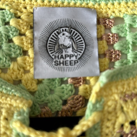 Happy Sheep Striped Boho Crochet Lace-Up Neck Medium Sweater Copper-Yellow-Mint - Picture 6 of 7